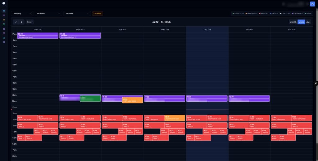 PremInspect scheduling calendar: a week of inspections, tasks and to-dos across teams, colour-coded by status