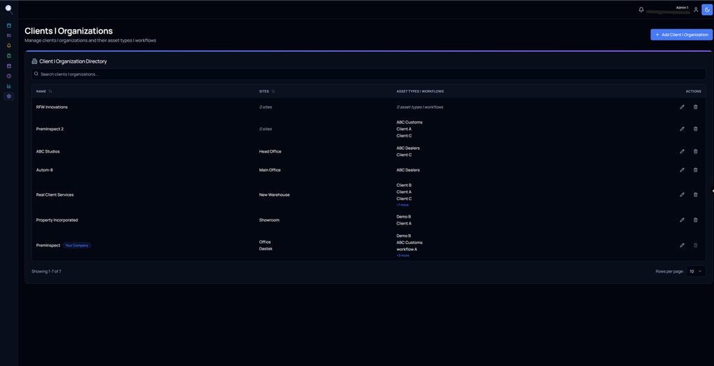 PremInspect clients & organizations (a directory of the clients you work for, each with their own sites and asset-type workflows)