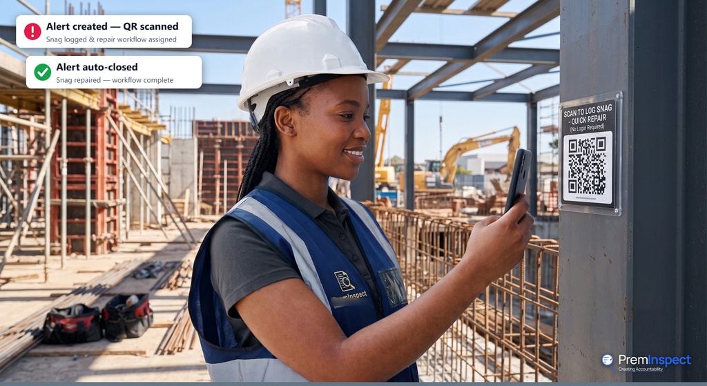 Log a snag the instant it happens: subs and trades scan a QR to flag it, no login; an alert reaches the right people and auto-closes once the snag’s repaired.