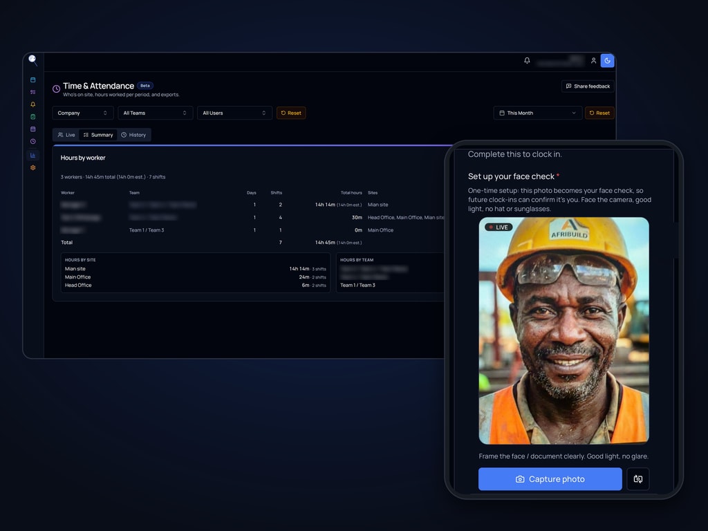Clock deskless and on-site teams in from the field: know who was where, and when.