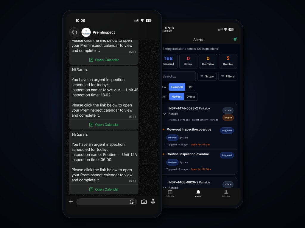 Never miss an inspection: WhatsApp and push reminders nudge the team before each one’s due, and any failed check raises an alert that’s tracked until it’s resolved.