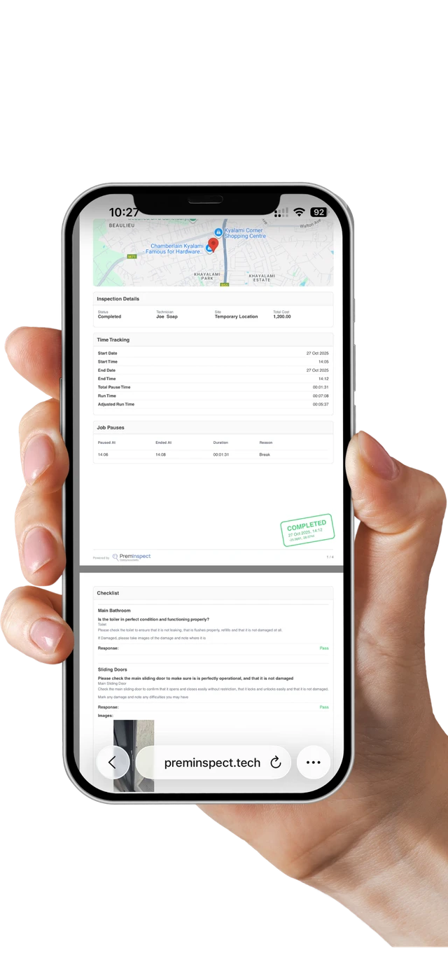 A completed PremInspect inspection report: location map, time tracking, checklist results and a timestamped COMPLETED stamp
