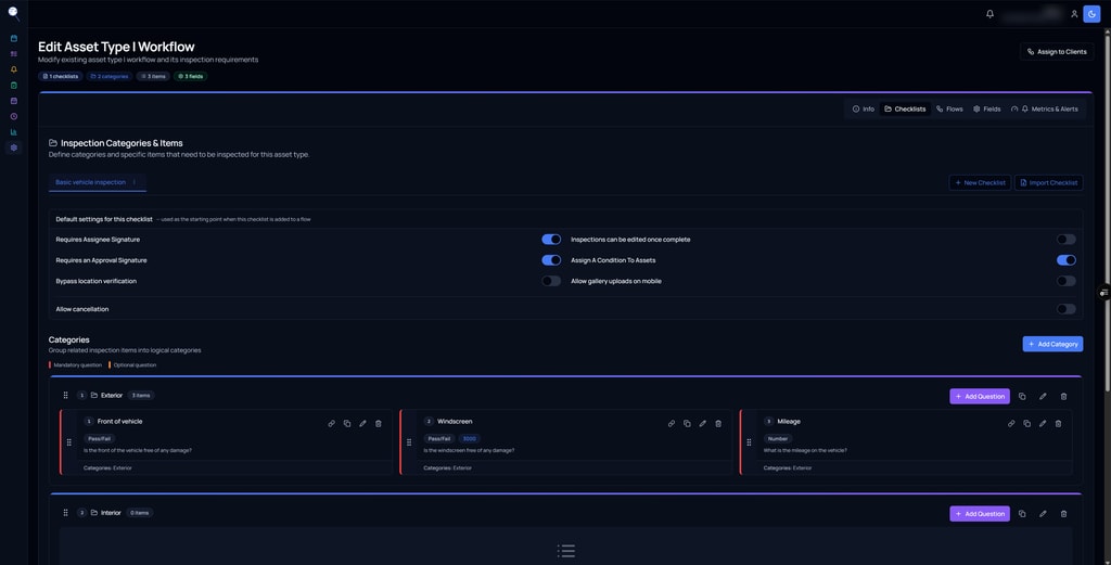PremInspect workflow builder: defining an inspection's checklists, categories and items with pass/fail and number fields
